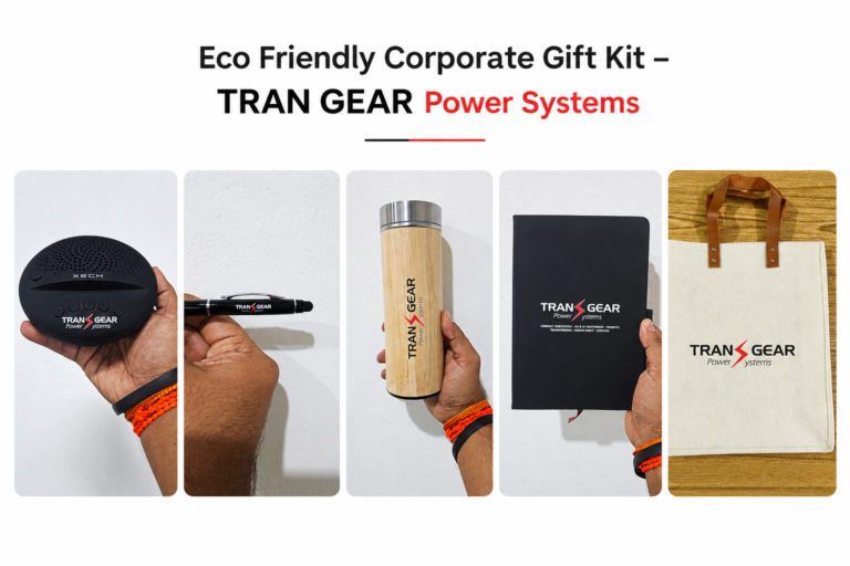 Custom eco-friendly corporate gift kit for TRAN GEAR Power Systems featuring a bamboo bottle, notebook, Bluetooth speaker, pen, and reusable tote bag.