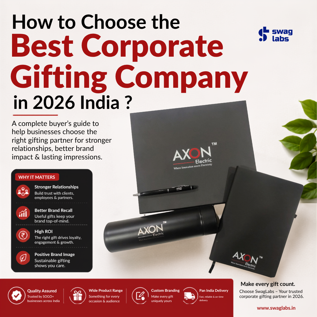 Best corporate gifting company in India guide with branded corporate gift kit including notebook, bottle, pen and custom packaging by SwagLabs