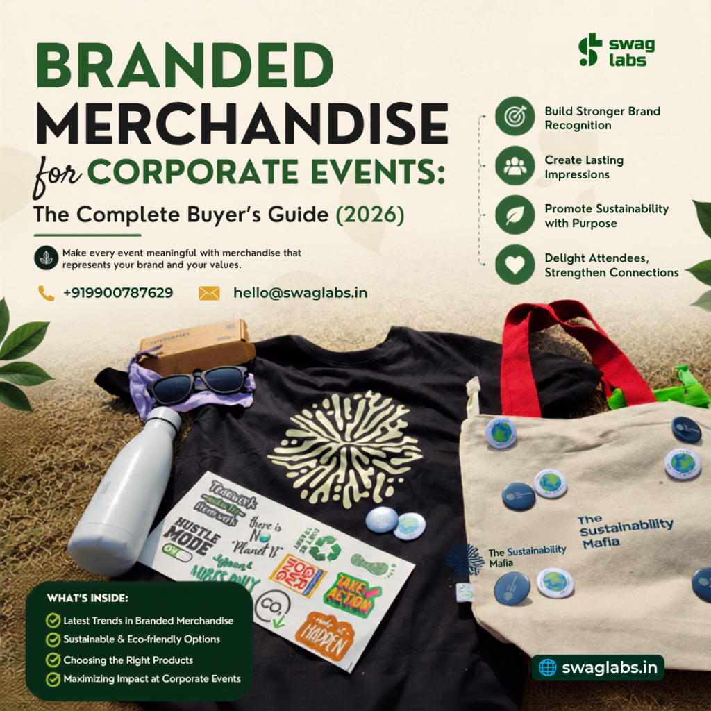 Branded merchandise for corporate events including custom T-shirts, tote bags, notebooks, drinkware, and employee welcome kits