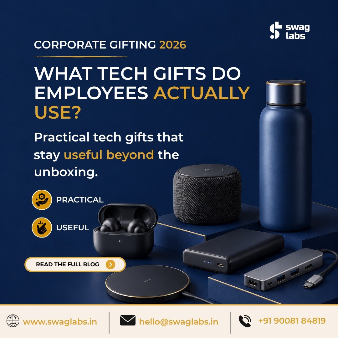 Corporate tech gifts for employees including power bank, wireless charger and Bluetooth speaker