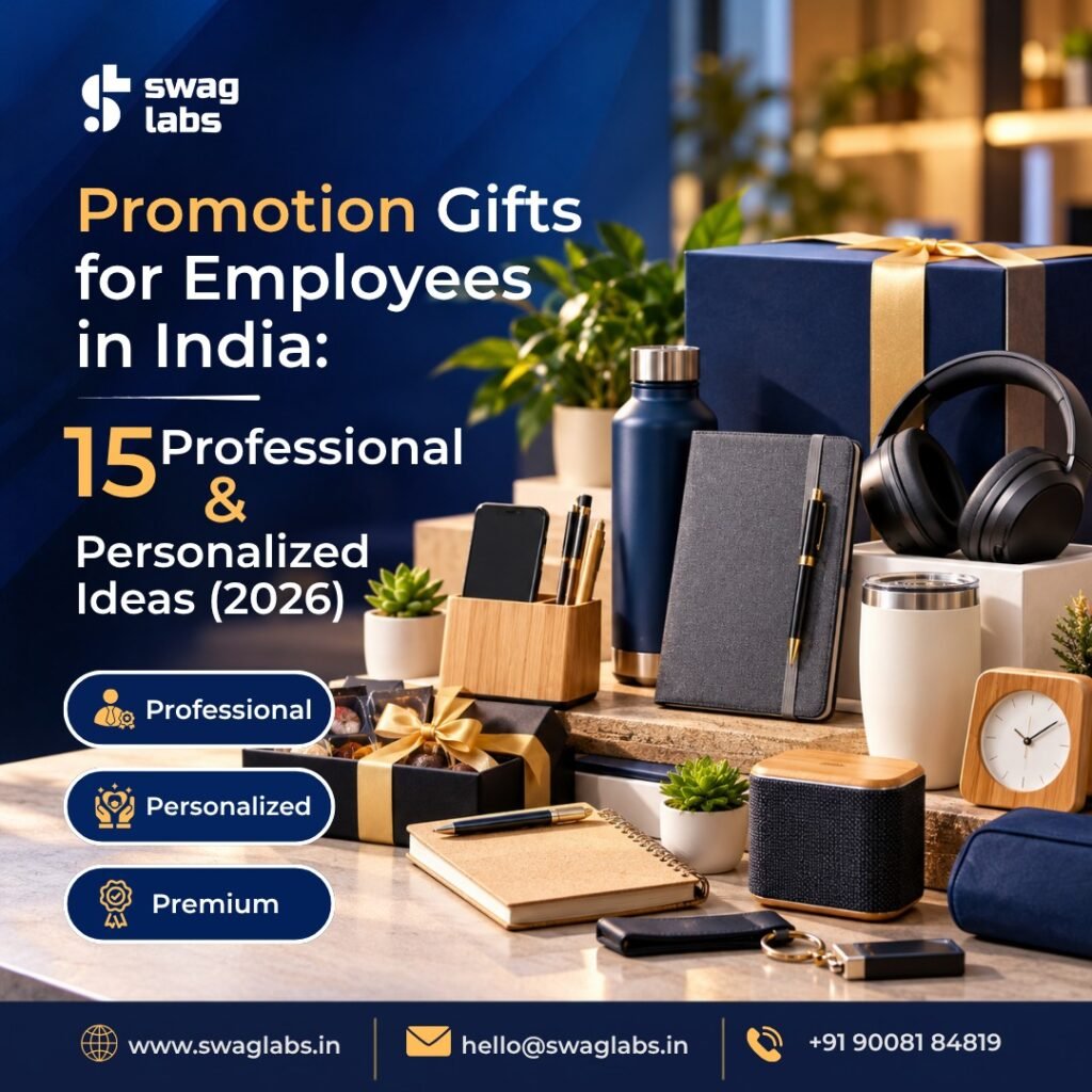 Personalized promotion gifts for employees, including a notebook, pen, bottle, work bag and congratulatory card.